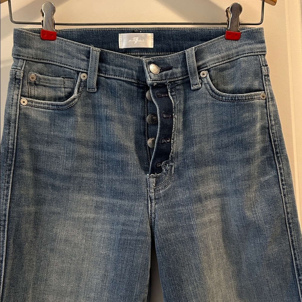NWOT 7 For All Mankind High Waist Cropped Straight dark Button Fly fringe hem 27